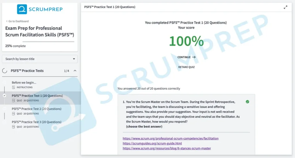PSFS Practice Test Screenshot Completed