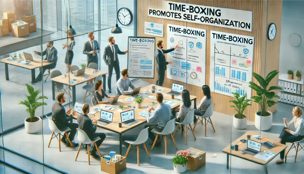 Select two ways that time-boxing promotes self-organization